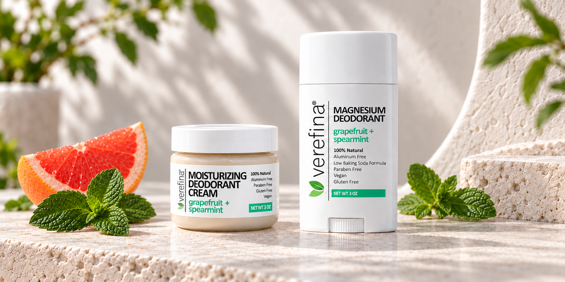 Verefina moisturizing deodorant cream and magnesium deodorant stick in grapefruit and spearmint